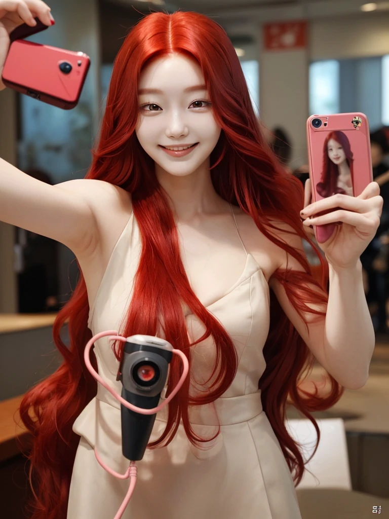 Korean with long red hair, smiling face, Selfie