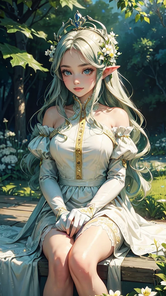 In the heart of a grand castle, nestled amidst lush green gardens, sits a young lady of luxurious charm. Adorned with a crown of white and yellow flowers, she graces the scene with an enchanting smile. Her attire, elegant and refined, includes white gloves that casually drape over her lap. The painting, inspired by the impressionistic style of Monet at the Marmottan Museum, is rendered in a soft, dreamlike manner. Colors blend harmoniously, and the scene is brought to life by the delicate brushstrokes that capture the essence of this ethereal moment. The background is a breathtaking tapestry of nature and architecture, merging seam, elf woman, detailed face, detailed eyes, detailed hands, full body
