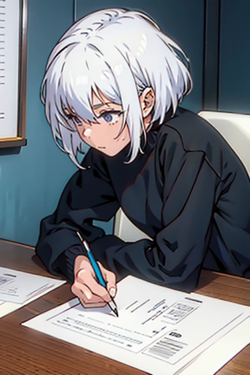 Girl with short white hair small and really skinny, signing paper , manga page with panels and dialogue    