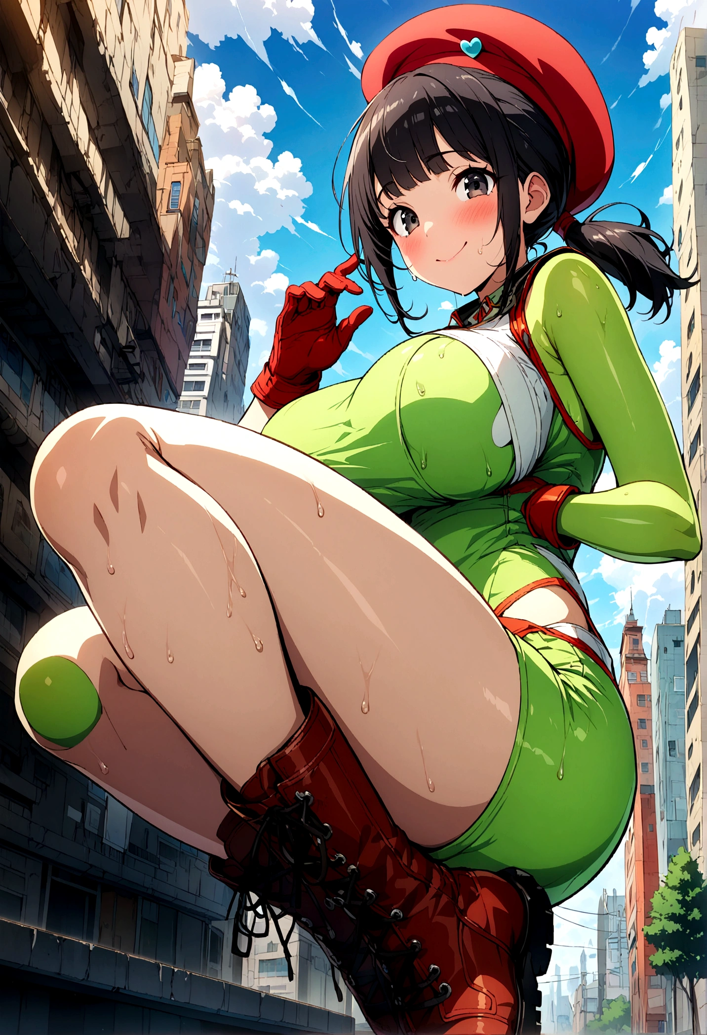 ((extremely detailed illustration)), highres, ((extremely detailed and beautiful background)), (professional illustrasion), (official art), ((Ultra-precise depiction)), ((Ultra-detailed depiction)), (beautiful:1.2 and aesthetic:1.2), beautiful detailed, intricate:1.1, nice hands, perfect hands, zentangle, 
(young girl), ((kawaii)), baby face, (highly detailed beautiful face and eyes, big breasts, firm breasts), oily skin, ((black hair)), ((black eyes)), ((bob with (short ponytail hair))), thin pubic hair, cute lovely, (cheerful disposition), 
((simple clothes)), (((green:1.3) (highleg:1.3) )), ((sleeveless:1.3)), (((red:1.1) combat gloves:1.1)), (combat boots:1.2), ((red beret:1.2)), (( legs:1.3)), 
A panoramic view from a high-rise building capturing the modern architecture, skyscrapers, bustling streets, and a network of roads with vehicles.,