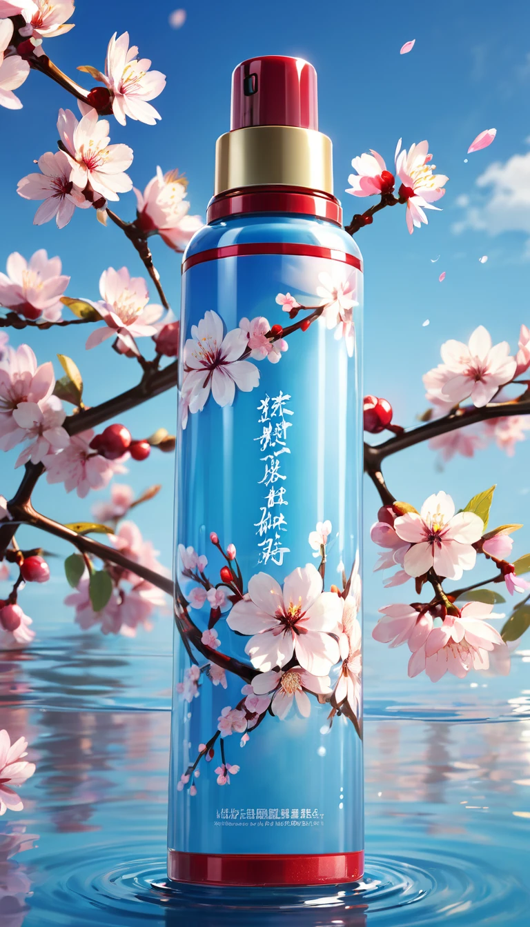 best quality, 4K, 8K, high resolution, masterpiece, very detailed, realistic, mixer, makeup bottle, cherry blossoms wrapped around, blue sky background, water, sunlight, low perspective, product rendering