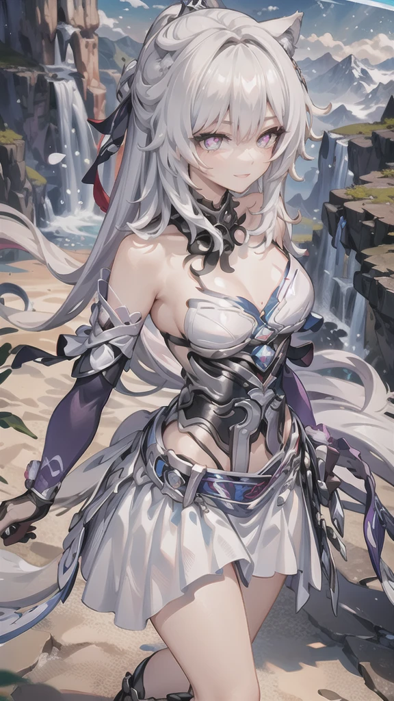 (extremely detailed CG, best qualityer:1.1), 1 girl, face perfect, shiny pupils, (beautiful finely detailed eyes:1.1), ((wolf ear)), (((Wolf tail))), looking at the landscape from the top of the mountain, Broad ????, narrow waisted, beautiful smile, longskirt (badass clothing), boots with leather trim, elbow gloves, dynamic angle