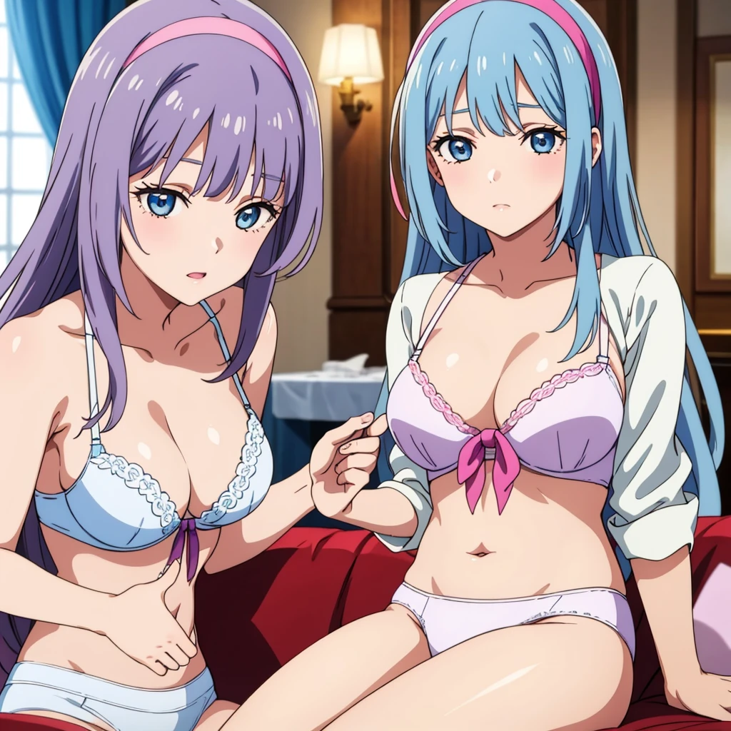 White panties、White bra、In underwear、masterpiece, highest quality, 8K,Mylene HFV4, Anime Coloring, One girl, jewelry, hair band, blue hair band,Very long hair,Pink