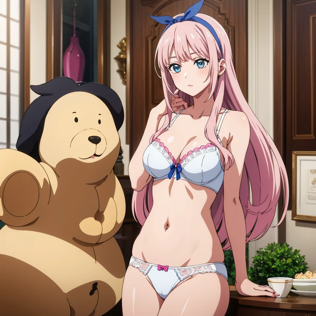 White panties、White bra、In underwear、masterpiece, highest quality, 8K,Mylene HFV4, Anime Coloring,  One girl,  jewelry, hair band, blue hair band,Very long hair,Pink 