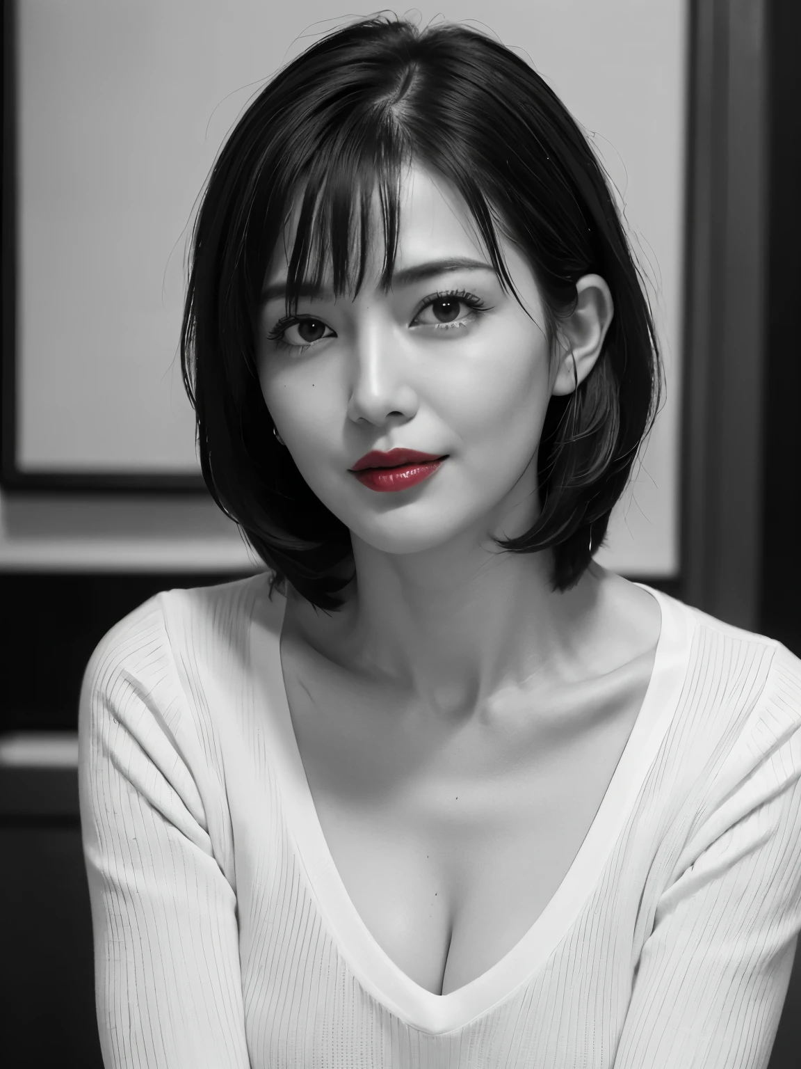 Tabletop, Highest quality, Realistic, Very detailed, finely, High resolution, 8k wallpaper, RAW Photos, Professional, High level of detail, 1 Girl, ((((Black and white photography)))), (((Red lips))), ((Looking into the camera)), (((Look forward))), Upper Body, short hair, Bob Hair, (Straight hair), Shapely breasts, Cleavage, V-neck light knit sweater