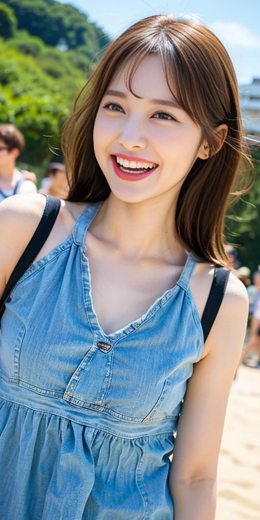Top quality, one beautiful woman, summer fashion, at beach, Big Laugh