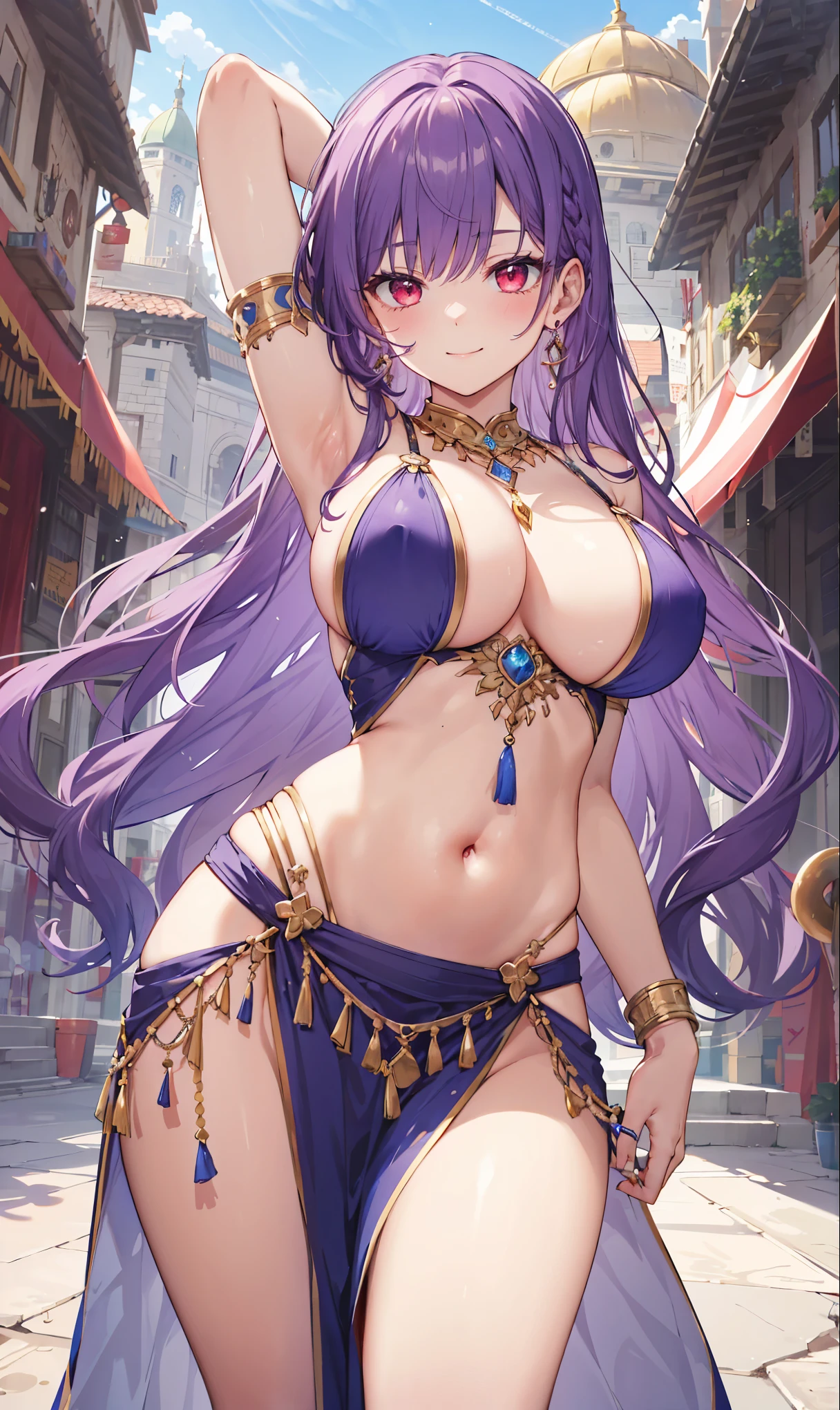 high quality, ultra detailed, best quality, insanely detailed, beautiful, masterpiece, 1girl, medieval plaza, cowboy shot, red eyes, long hair, purple hair, belly dancer, circlet, earrings, armlets, bracelets, bashful smile, large breasts, cleavage, soft stomach