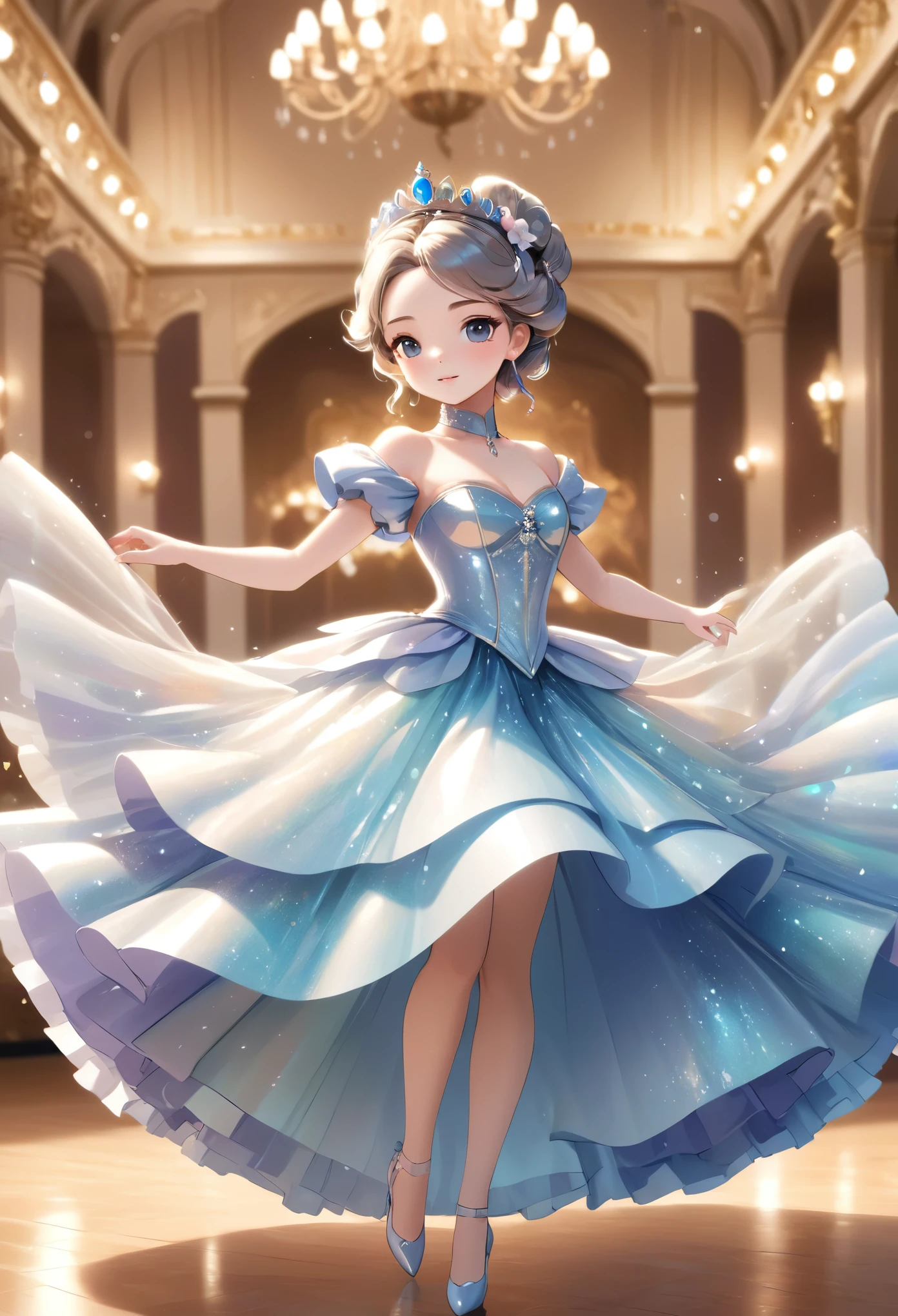 chibi, Aesop, Andersen, Grimm, Nutcracker style image, best quality, super fine, 16k, incredibly absurdres, extremely detailed, 2.5D, delicate and dynamic, lovely and beautiful princess, updo hair, captivating look, superlative body proportion, wearing beautiful princess dress with plenty of transparent and translucent iridescent flowers, accessories, dancing, (action blur, motion blur, speed line: 0.5), wind, wind effect, glitter effect, background, royal palace ballroom
