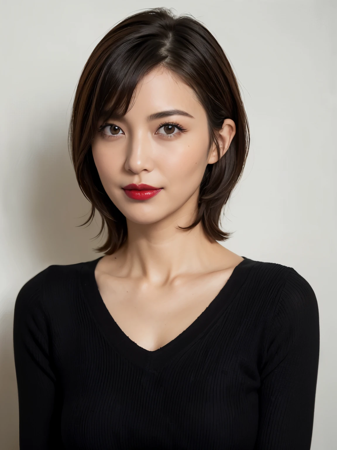 Tabletop, Highest quality, Realistic, Very detailed, finely, High resolution, 8k wallpaper, RAW Photos, Professional, High level of detail, 1 Girl, (((Black and white photography))), (((Red lips))), ((Looking into the camera)), (((Look forward))), Upper Body, short hair, Bob Hair, (Straight hair), Shapely breasts, Cleavage, V-neck light knit sweater