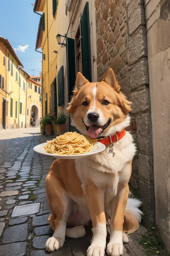 dog in Italy eating pasta