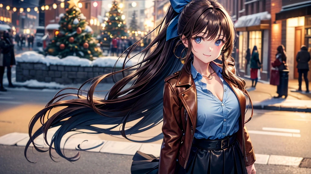 1girl, solo, christmas, ((christmas tree)), street, night, lights, snow, long hair, brown hair, curly hair, ponytail, large full breasts, ((brown leather jacket)), button down shirt, dark blue eyes, ((blue shirt)), ((unbuttoned shirt)), ((long skirt)), smile, ((unbuttoned shirt)), unbuttoning buttons, cleavage 1:3, looking at the viewer, standing, hair ribbon, golden necklate 