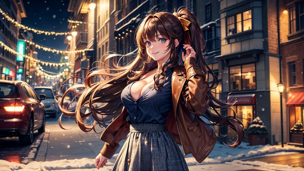 1girl, solo, christmas, ((christmas tree)), street, night, lights, snow, long hair, brown hair, curly hair, ponytail, large full ???????, ((brown leather jacket)), button down shirt, dark blue eyes, ((blue shirt)), ((unbuttoned shirt)), ((long skirt)), smile, ((unbuttoned shirt)), unbuttoning buttons, cleavage 1:3, looking at the viewer, standing, hair ribbon, golden necklate 