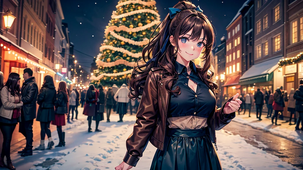 1girl, solo, christmas, ((christmas tree)), street, night, lights, snow, long hair, brown hair, curly hair, ponytail, large full breasts, ((brown leather jacket)), button down shirt, dark blue eyes, ((blue shirt)), ((unbuttoned shirt)), ((long skirt)), smile, ((unbuttoned shirt)), unbuttoning buttons, cleavage 1:3, looking at the viewer, standing, hair ribbon, golden necklate 