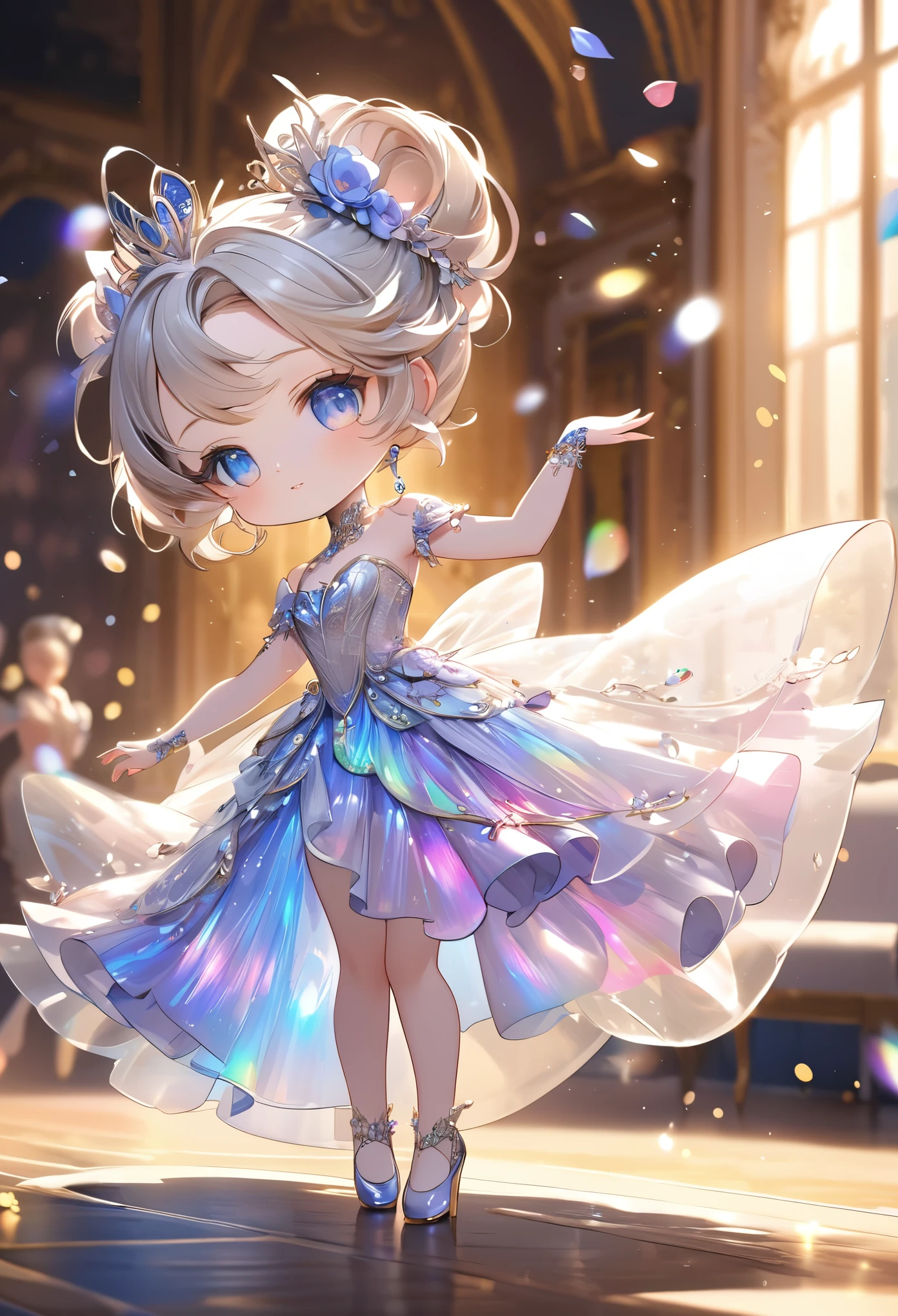 chibi, Aesop, Andersen, Grimm, Nutcracker style image, best quality, super fine, 16k, incredibly absurdres, extremely detailed, 2.5D, delicate and dynamic, lovely and beautiful princess, updo hair, captivating look, superlative body proportion, wearing beautiful princess dress with plenty of transparent and translucent iridescent flowers, accessories, dancing, (action blur, motion blur, speed line: 0.5), wind, wind effect, glitter effect, background, royal palace ballroom