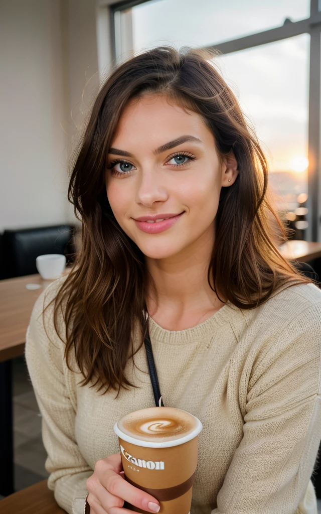Cute beautiful blonde with yellow sweater (Drinking coffee in a modern café at sunset), muito detalhado, ars old, innocent face, naturally wavy hair, blue eyes, high-res, masterpiece, best qulaity, Intricate detailing, muito detalhado, sharp focus, detailed skin, realistie Hauttextur, Textur, detailled eyes, professional, 4K, charming smile, taken with Canon, 85 mm, light depth of field, Kodak Vision Color, perfectly fitting body, extremely detail, photoshot_\(ultra\), fotorealisti, realisti, Post processing, maximum details, roughness, real life, ultrarealisti, photoshotrealismus, photoshotgrafie, 8K UHD, photoshotgrafie