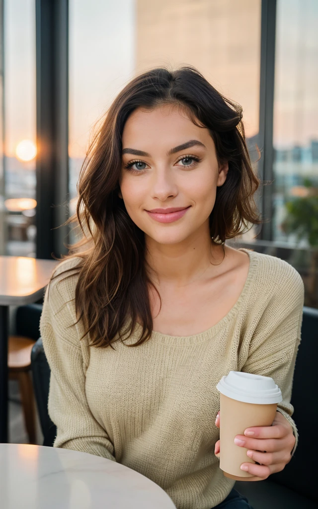 Cute beautiful blonde with yellow sweater (Drinking coffee in a modern café at sunset), muito detalhado, 14years old, innocent face, naturally wavy hair, blue eyes, high-res, masterpiece, best qulaity, Intricate detailing, muito detalhado, sharp focus, detailed skin, realistie Hauttextur, Textur, detailled eyes, professional, 4K, charming smile, taken with Canon, 85 mm, light depth of field, Kodak Vision Color, perfectly fitting body, extremely detail, photoshot_\(ultra\), fotorealisti, realisti, Post processing, maximum details, roughness, real life, ultrarealisti, photoshotrealismus, photoshotgrafie, 8K UHD, photoshotgrafie