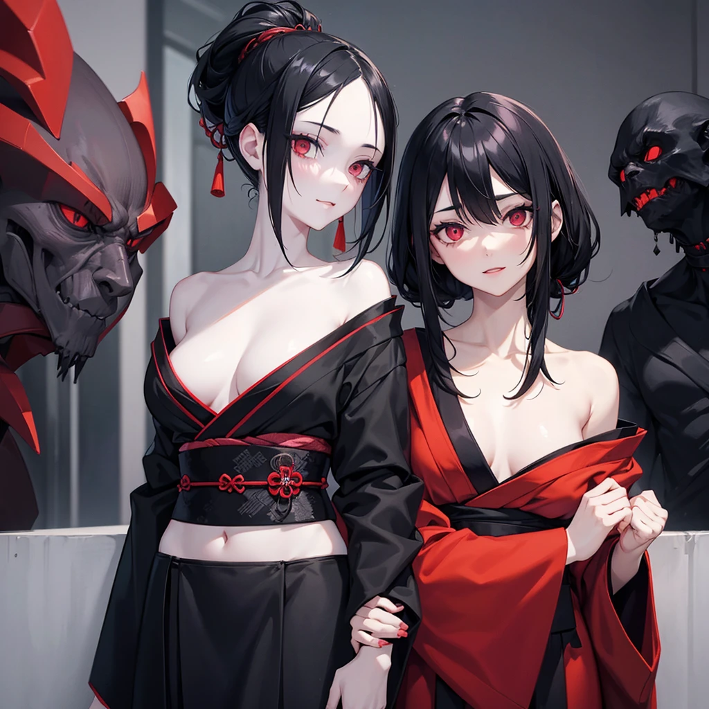 girl with black hair tied up, very pale skin, body chained, slight sarcastic smile, left hand covering her left eye, red kimono on the right side falling over her shoulders, around her several dark evil creatures like black figures. image and dark pastel colors