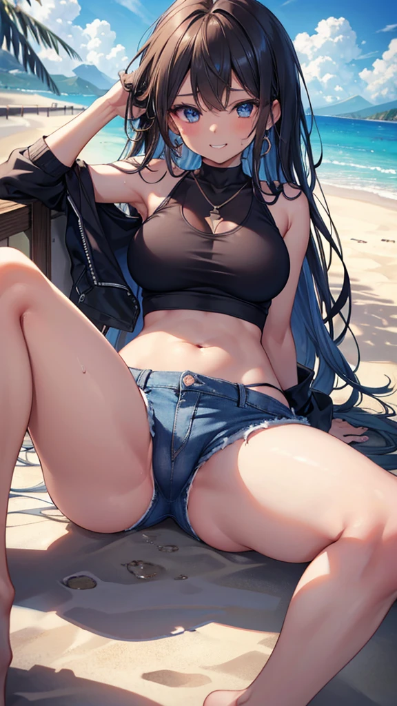 (8K、Highest quality、Highest quality、masterpiece)、Detailed face、One Girl、Spread legs、Spread Legs、(Brown Skin:1.2)、Blue and Long Hair、Blue Eyes、Sweat、Grin、(Black tank top、Denim hot shorts、Mini Shorts、Cameltoe)、Cameltoe、Beach、cloud、vagina、between labia, partially visible vulva、spread vagina、spread pussy、belly button、Big Breasts、