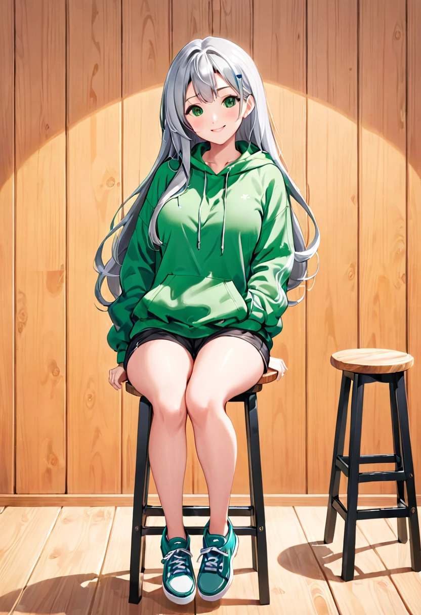 Pretty asian woman, bright silver hair, long hair, green eyes, busty, black shorts and a green hoodie, cute, sitting on a wooden barstool ,empty background, pretty smile, anime style, full body photo, facing to the right