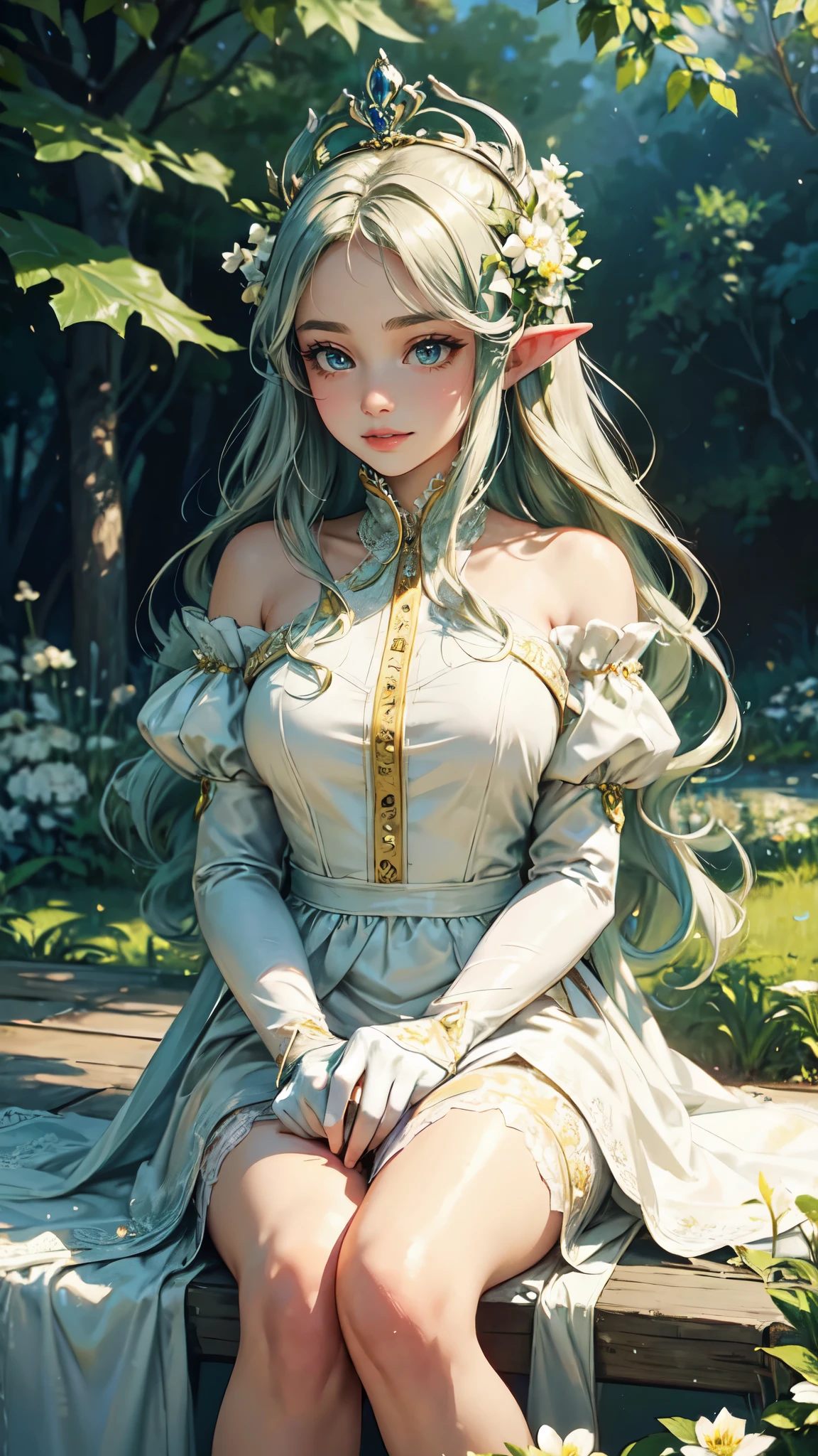 In the heart of a grand castle, nestled amidst lush green gardens, sits a young lady of luxurious charm. Adorned with a crown of white and yellow flowers, she graces the scene with an enchanting smile. Her attire, elegant and refined, includes white gloves that casually drape over her lap. The painting, inspired by the impressionistic style of Monet at the Marmottan Museum, is rendered in a soft, dreamlike manner. Colors blend harmoniously, and the scene is brought to life by the delicate brushstrokes that capture the essence of this ethereal moment. The background is a breathtaking tapestry of nature and architecture, merging seam, elf woman, detailed face, detailed eyes, detailed hands, full body
