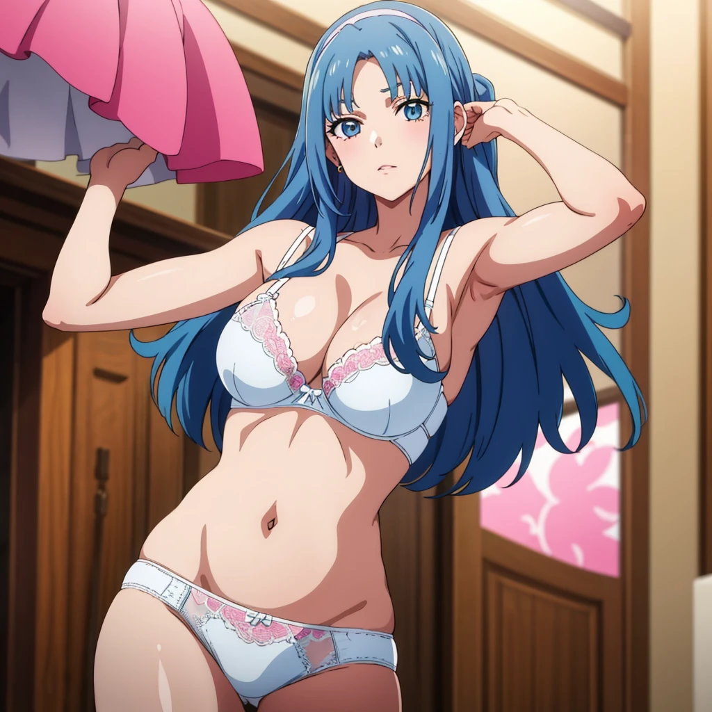 White panties、White bra、In underwear、masterpiece, highest quality, 8K,Mylene HFV4, Anime Coloring,  One girl,  jewelry, hair band, blue hair band,Very long hair,Pink 