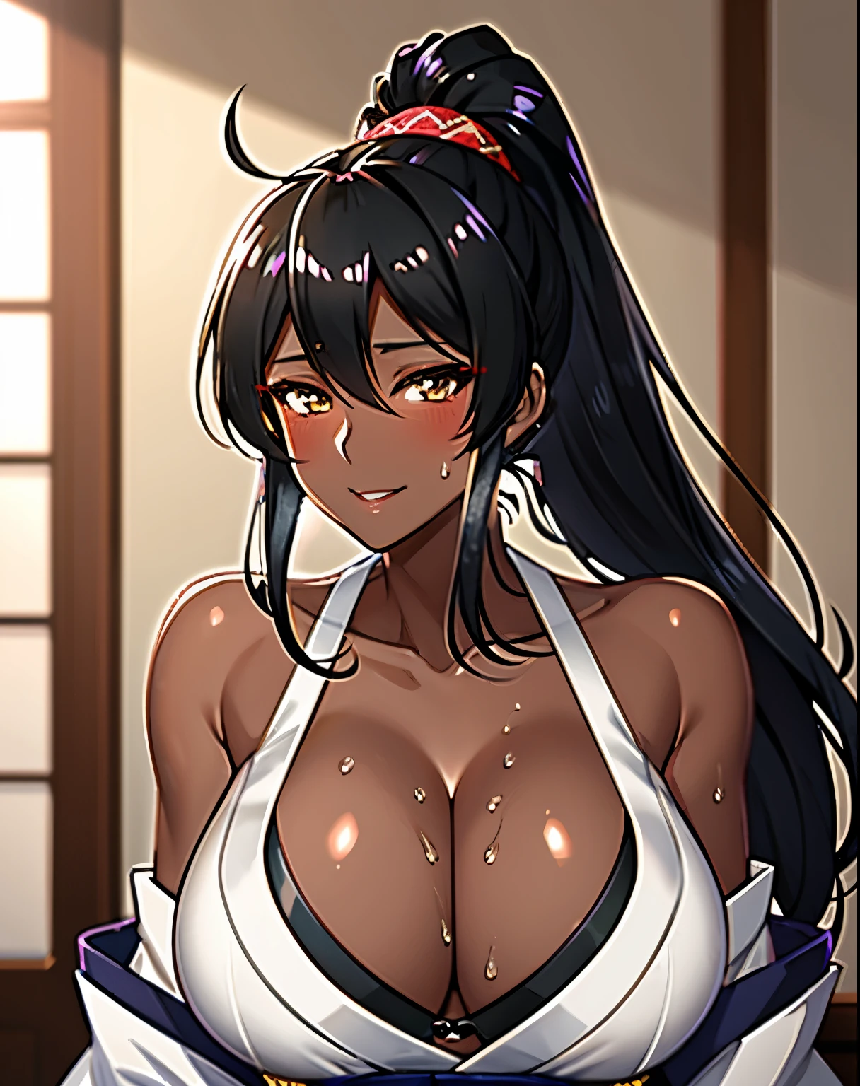 (Highest quality:1.3),One Girl,Japanese,Bursting Busty,Cleavage, (Dark Skinned female:1.2), (Dark Skin:1.1),Black Hair,Long Hair,ponytail,Close-fitting clothing,Sweat,Sweatだく,Shiny skin,Erotic Smile,View your viewers