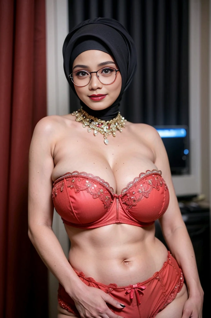 (((SPECTACLES))), ((Saggy breasts:1.7)), ((Gigantic tits:1.7)), (from behind up) seductive pose, ((Thin:1.6)), (Happy smile), (((HIJAB MALAY GIRL))), masutepiece, High quality, UHD 32K, Realistic face, Realistic skin feeling , A Japanese Lady, 58 years old matured lady, (((FLAT CHEST))), (Night time at forest), ((look In front at the camera and SADNESS)), (((RED FLUORESCENT & RED FLUORESCENT))), ((RED FLUORESCENT LIPS)), ((Floral Pattern)), ((wearing strapless lingerie bra)), dark night background , black forest night, horror scary place,