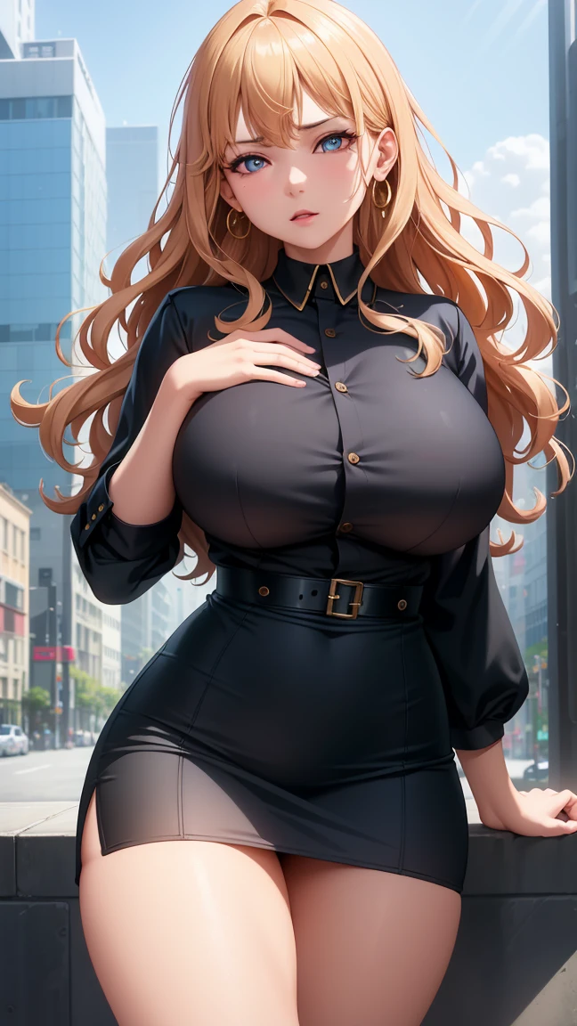 (best quality:1.5, High resolution, Ultra HD, 4K, Detailed lighting, Shaders), (High quality eyes), ( Perfect fingers),  Curly hair, Gradient hair, Large Breasts, Set, shirt, 社交shirt, Short skirt, Mature woman , (View), White background, Colored eyeshadow, Dramatic Lighting, Bright Eyes, Emotional expression, Gold earrings, Exquisite facial features, soft skin, High cheekbones, city environment, White background, Don&#39;t look for the camera,,  Behind the camera, whole body