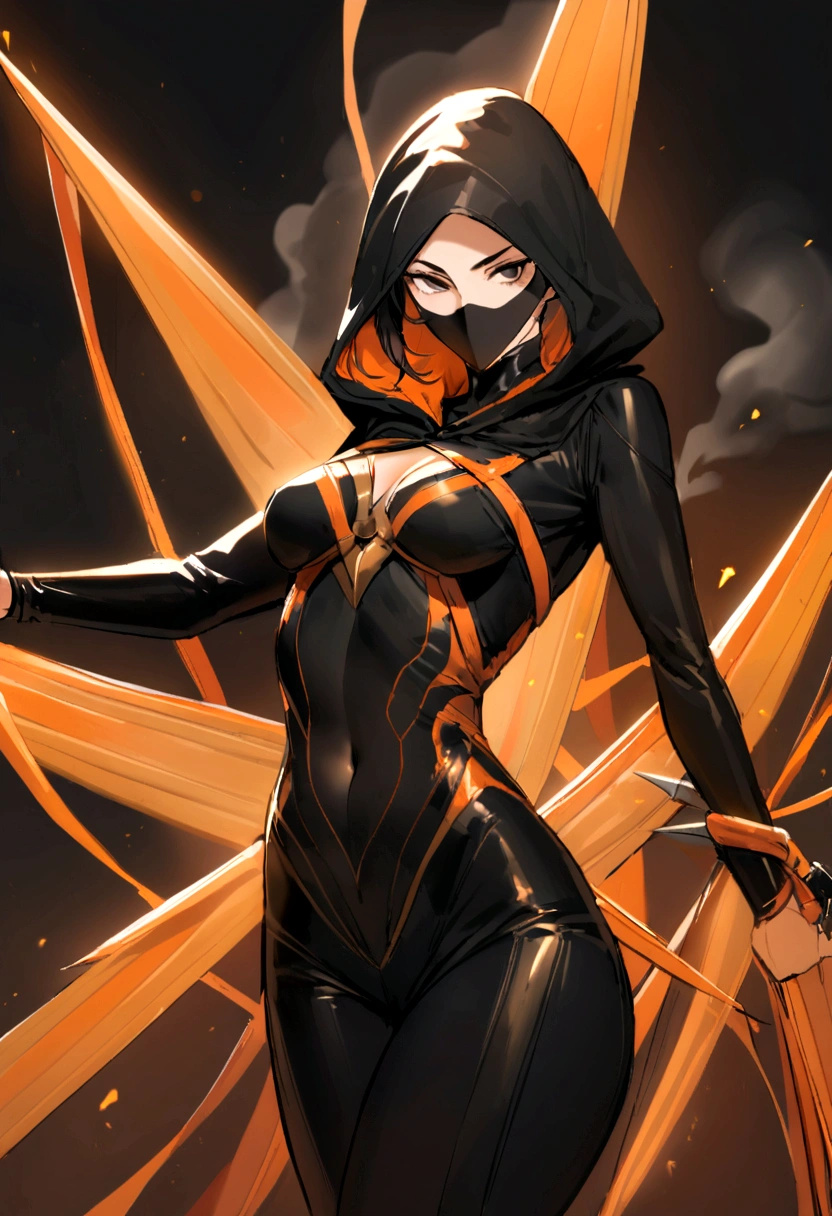 lean, agile female with long flowing black hair, bright black eyes, aesthetic, and high cheekbones. She excels as a master of disguise, an exceptional acrobat, and an expert with throwing knives, with skills in stealth and silent movement. Her costume includes a black bodysuit with orange patterns mimicking flowing smoke, a sleek black mask covering the lower half of her face, a black hood with an orange lining, and a set of throwing knives and a collapsible staff in black and orange.