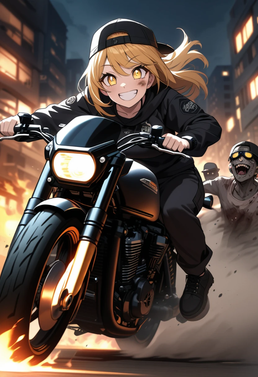 Golden hair, golden eyes with black pupils, woman, cruiser motorcycle, big chest, motorcycle goggles, backwards hat, happy, big smile, dirty, burning city at night, zombie apocalypse, black streetwear, speeding, highly detailed, perfect eyes, perfect hands,