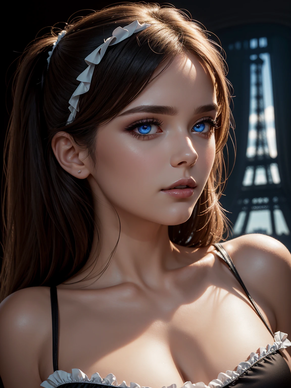 Jessica Roth, wearing sexy french maid clothes. open shoulders, professional retouching, soft lighting, realistic, smooth face, Perfect eyes, Sharp focus on the eyes, 8 thousand., A high resolution, insanely detailed, difficult, elegant. with the Eiffel Tower in the background.
