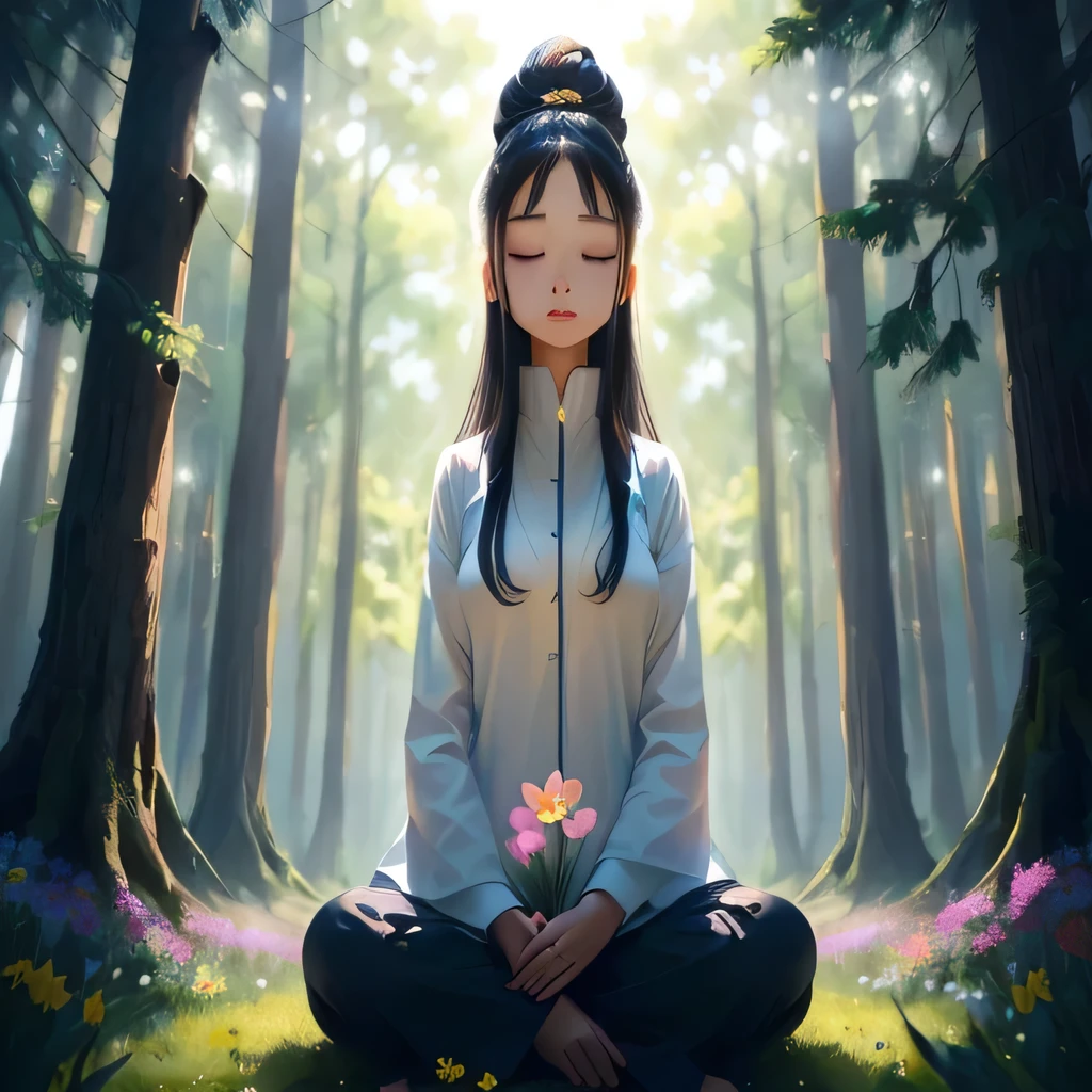 Pictures of girls meditating, surrounded by nature, like a quiet forest，Or a field full of colorful flowers.. 
This picture gives people a sense of calm, Connection with nature and peaceful atmosphere, consistent with the tone of prayer.