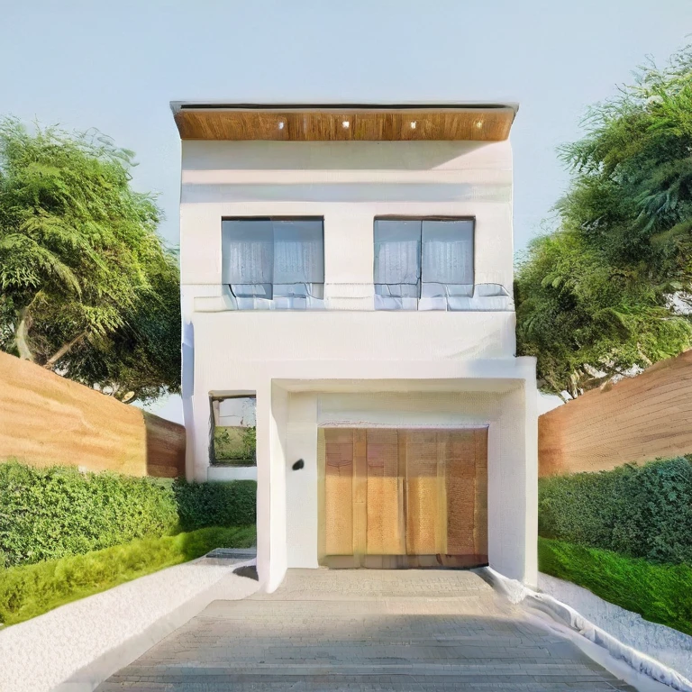 exterior house, contemporary style, white wall, wood wall, wood door, glass window, (realistic:1.2), Masterpiece, high quality, best quality, authentic, super detail, outdoors,road,pavement, grass, trees, sky, cloud, (daylight:1.1)
