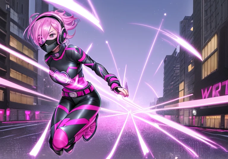 ((best quality)), ((masterpiece)), (detailed), 1 girl, full body, 20s, young adult, eye mask, black helmet that covers her entire head, smooth head, biker helmet, biker helmet with blue headphones on the sides, flashlight on her forehead, short pink hair coming out of her helmet, face, black collar, tall, slim, athletic, circles on her wrists, pink details, black fingerless gloves, pink wristbands, nanotech speedster suit that resembles light armor, blue chest with an emblem, blue chest, black suit with pink lines, pink speed emblem on her chest, pink emblem, blue pants, gray knee pads, metallic pink boots, white superhero belt, running through the city, pink light trail, laser, city background, anime