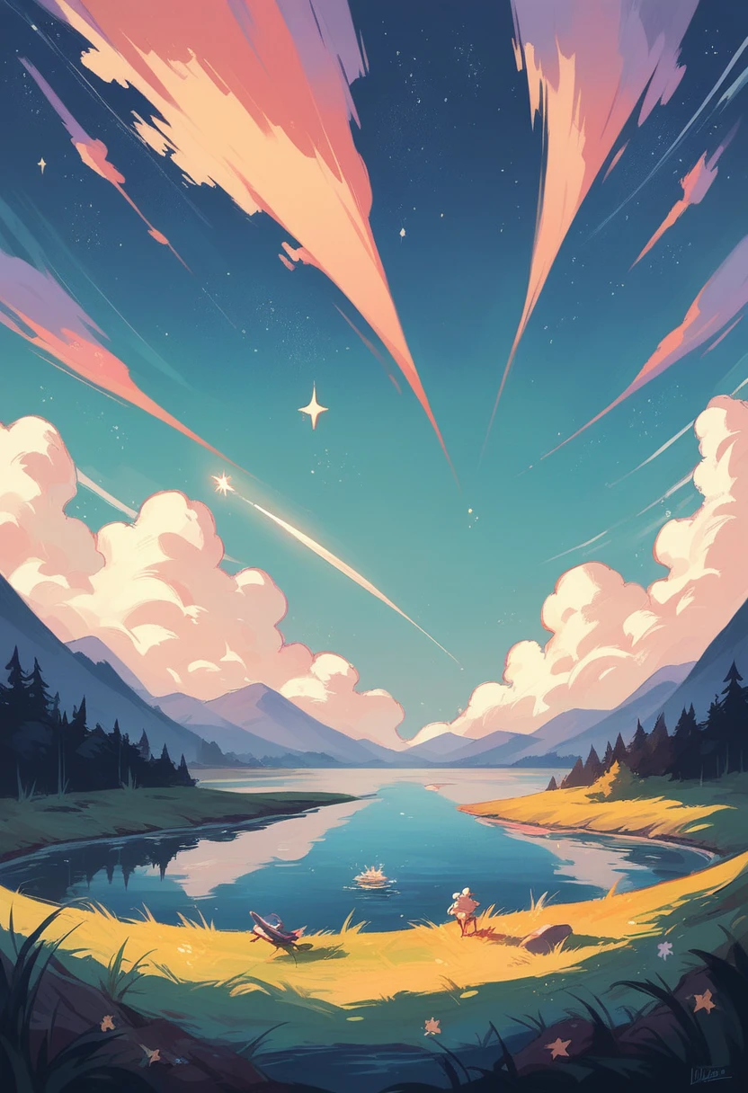 A giant night lake scenery, shooting stars in the sky, a massive falling star hitting the lake in the middle, abstract colors