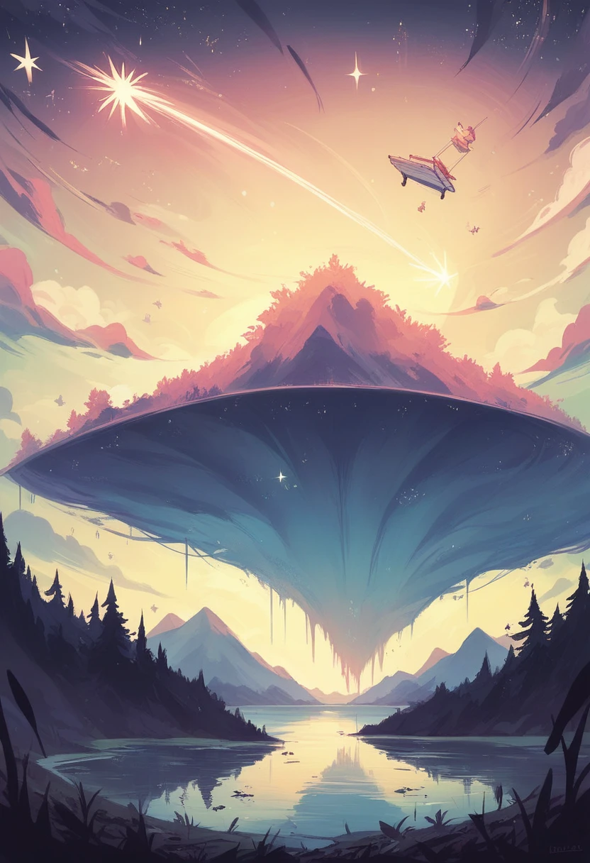 A giant night lake scenery, shooting stars in the sky, a massive falling star hitting the lake in the middle, abstract colors