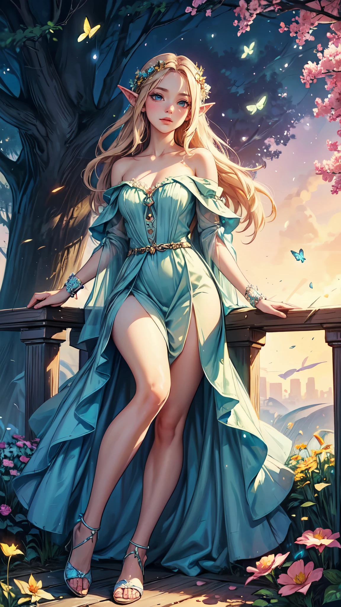 1girl, solo, full body, (masterpiece:1.21), (best quality:1.2), colorful, (illustration:1.2), (cinematic lighting:1.1), ( shoulders:1.21), (collarbone:1.21) in this whimsical A beautiful and dreamlike garden, the scene is illuminated by a rainbow (colorful fireflies) dancing in the air. Pastel (drizzle) adorns the garden, creating a hazy and ethereal atmosphere. In the center of the picture, stands a single girl, an extremely beautiful girl, with lovely  features and an innocent expression. Her long hair fluttered in the wind. She wore a low-cut strapless dress that accentuated her curves. The lighting is very delicate and beautiful, creating a soft warm glow that accentuates the water and makes it sparkle like a diamond. The finest grasses are also illuminated to create a lush carpet. The garden is surrounded by colorful flower fields with flowers of all colors and shapes. Various colors and sizes (coloured butterflies) can be seen flying around the scene, adding to the overall sense of wonder and magic. (Everyone, judges), a blush can be seen on the bridge of the nose, and the mouth is slightly opened, which adds to the overall sense of innocence and youth. Falling petals can be seen waving around her, adding to the overall sense of romance and beauty. The breeze is blowing, the leaves are rustling, and the flowers are swaying, adding to the overall dynamism and vitality. It is a scene of pure wonder and magic, full of color and beauty, where the viewer can lose themselves in this enchanting and captivating world.elf woman, detailed face, detailed eyes, detailed hands, full body, sexy elf
