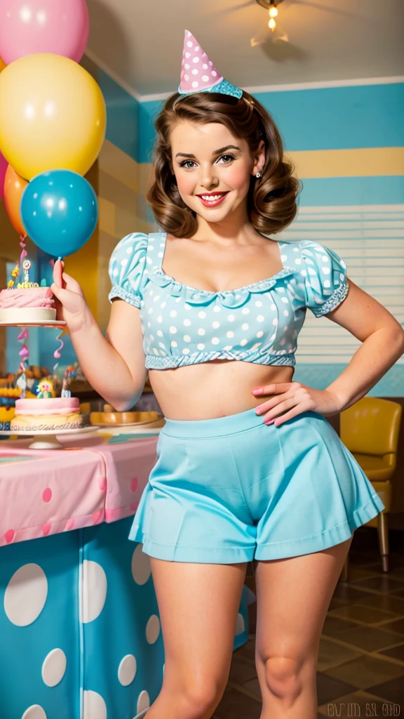 photo brunette pinup holding giant birthday cake pinup beautiful smile beautiful cafe retro birthday bright light colors pastel mini skirt with polka dots posing in pinup style sexy