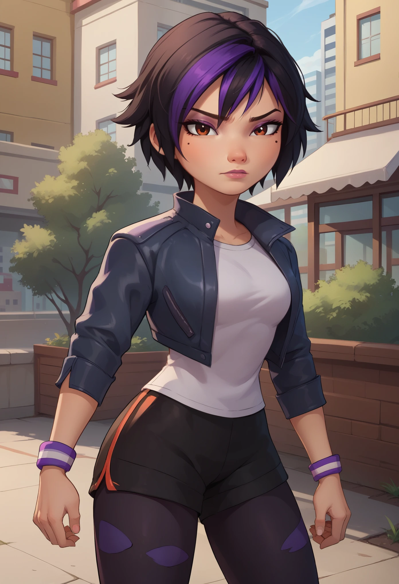 score_9, score_8_up, score_7_up, BREAK,gogotomago, 1girl, solo, short hair, black hair, jewelry, jacket, lo purple hair, shorts, bracelet, makeup, casual, cropped jacket, leggings, sleeves pushed up, capri pants, black leggings, cowboy shot, brown eyes, looking at the viewer, medium breasts,outdoors,city,