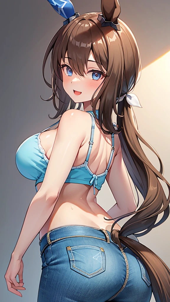 NSFW,{{{masterpiece:1.2}}},{{{best-quality:1.2}}},{{{ultra-quality:1.2}}},{{ultra-detailed:1.2}},{{{ultra-highres:1.2}}},{{{ultra-high-resolution:1.2}}},{{{extremely-detailed-CG-unity-8k-wallpaper}}},Admire Vega\(umamusume\),{1 girl,beautiful girl,18 yo,cute,smile,kawaii,lovely,blushing,playful expression,embrrased,orgasm,sexy},(she is looking back),(wear thight Jeggings),(show butt crack),oily skin,beautiful detailed hair,glossy hair,perfect two legs,five fingers,perfect 2 arms,(large breaths),(big hips),beautiful detailed eyes,jewel like eyes,blue eyes,open mouth,armpits,beautiful navel,collarbone,earring