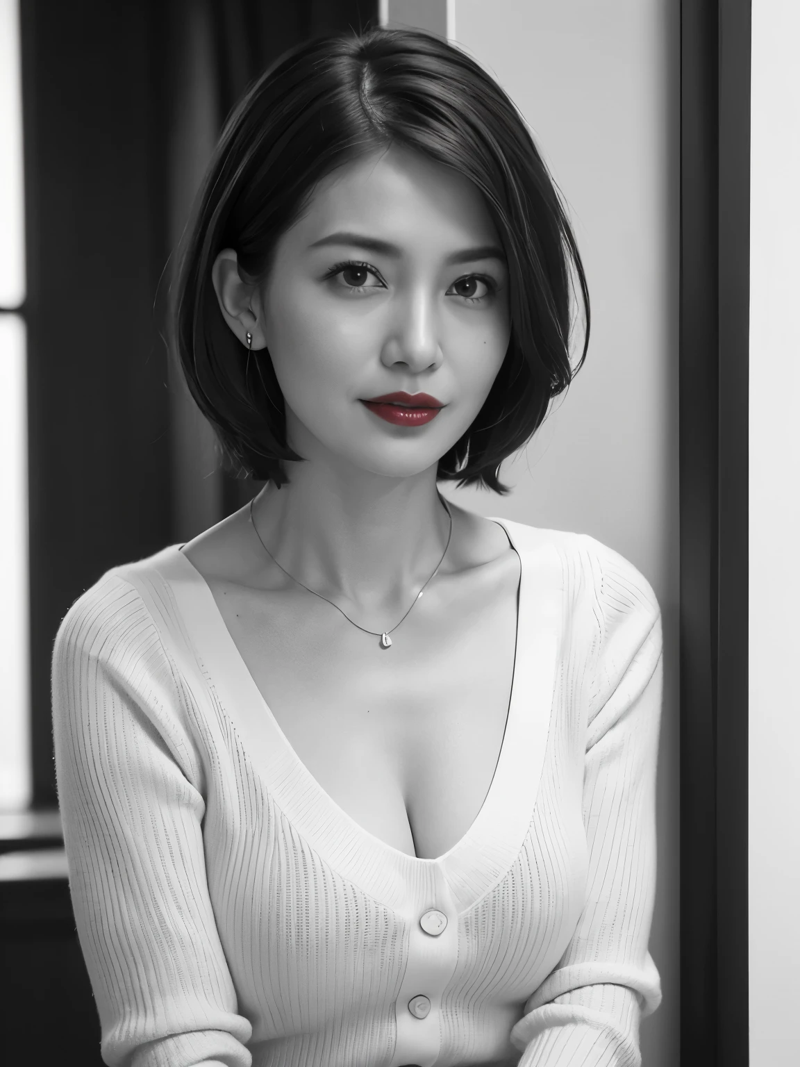 Tabletop, Highest quality, Realistic, Very detailed, finely, High resolution, 8k wallpaper, RAW Photos, Professional, High level of detail, 1 Girl, ((((Black and white photography)))), (((Red lips))), ((Looking into the camera)), (((Look forward))), Upper Body, short hair, Bob Hair, (Straight hair), Shapely breasts, Cleavage, V-neck light knit sweater