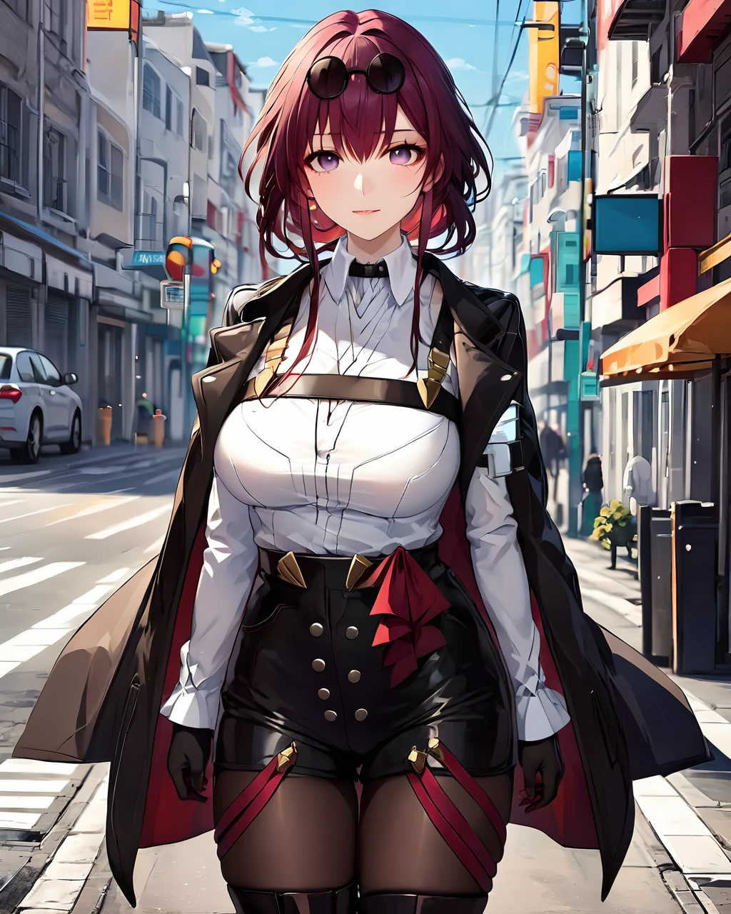 detailed anime style,a beautiful girl standing on the street,whole body,thigh strap,jaket, white  shirt,kafka,