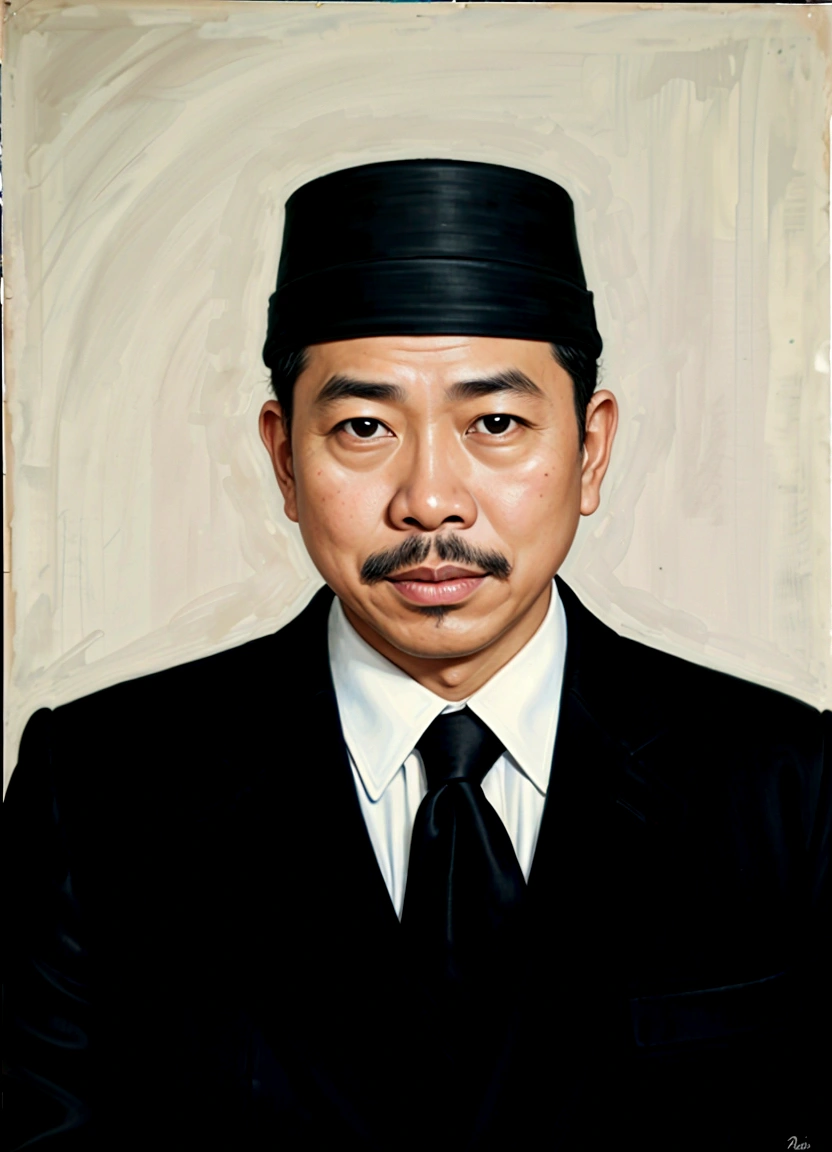 there is a man in a black suit and a black hat, inspired by I Ketut Soki, inspired by Basuki Abdullah, raden saleh, full protrait, by I Ketut Soki, ramil sunga, digital art but photo, jokowi, academy headmaster, mohamed chahin, photoshopped, inspired by Bohumil Kubista
