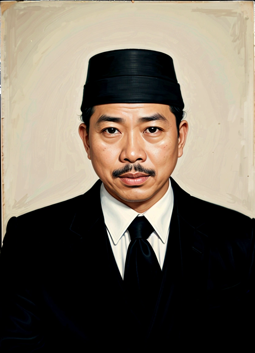 there is a man in a black suit and a black hat, inspired by I Ketut Soki, inspired by Basuki Abdullah, raden saleh, full protrait, by I Ketut Soki, ramil sunga, digital art but photo, jokowi, academy headmaster, mohamed chahin, photoshopped, inspired by Bohumil Kubista