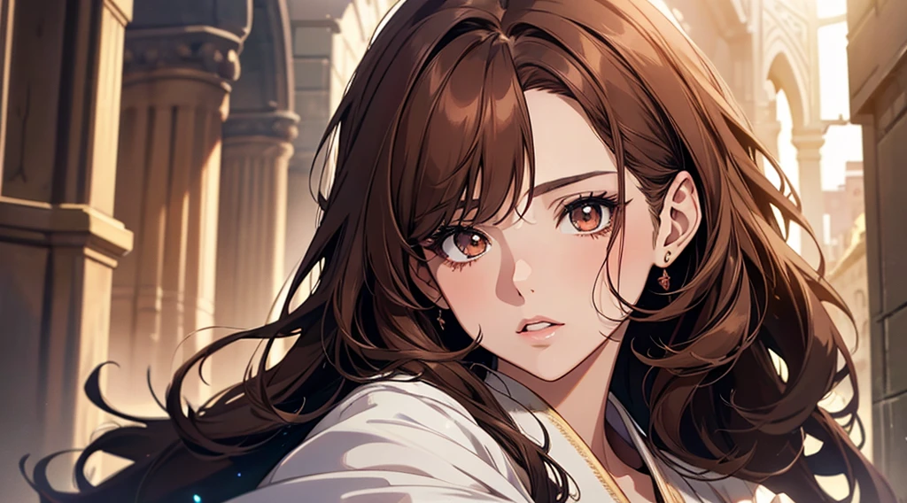 Close up portrait of a beautiful girl, Thick brown hair, Brown eyes, Full lips, Surface details, Clear facial expressions,Detailed Digital Animation Art,Digital Animation Art,High-quality anime art style,middle Ages, Wearing a white robe, Speechless, confuse