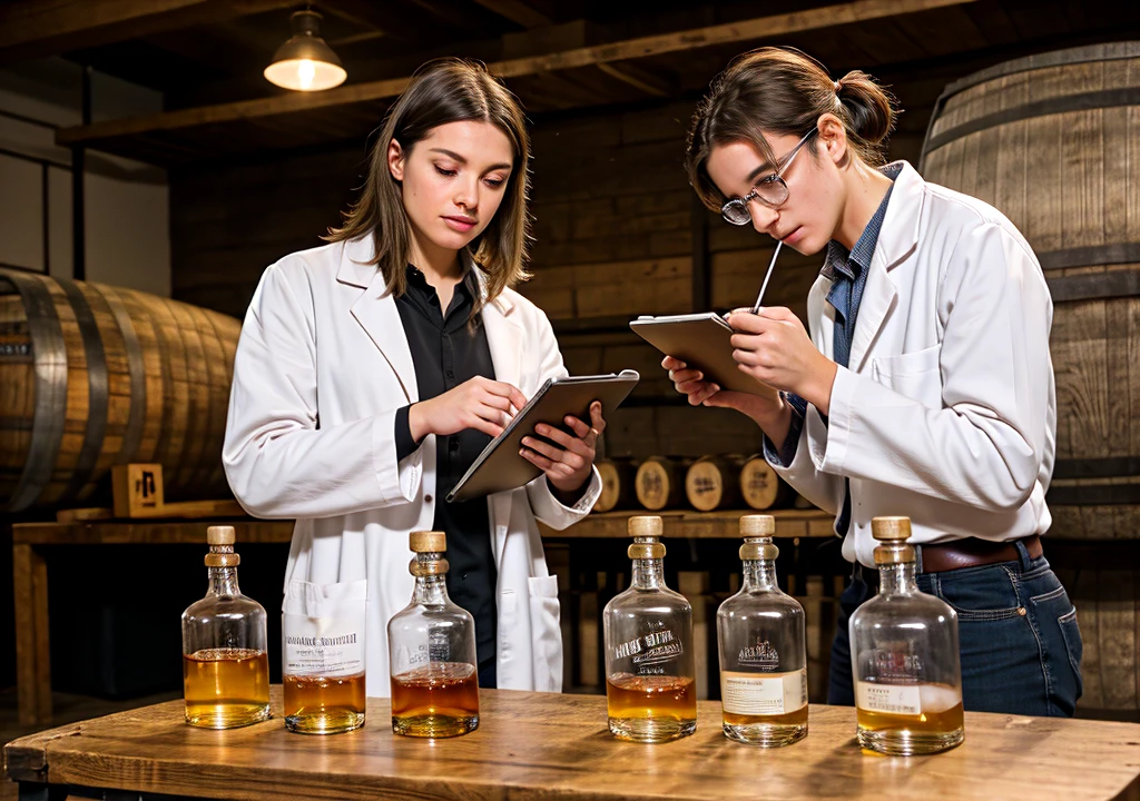 Create a captivating thumbnail. The design should feature an aisle of bourbon barrels on the sides of the image, with science instruments lying on a table setup in the middle. Two male scientists depicted behind a table in the lab, one sipping burbon and the other taking notes on a clipboard. The scene should convey a blend of rustic distillery charm and scientific exploration. No text needed.