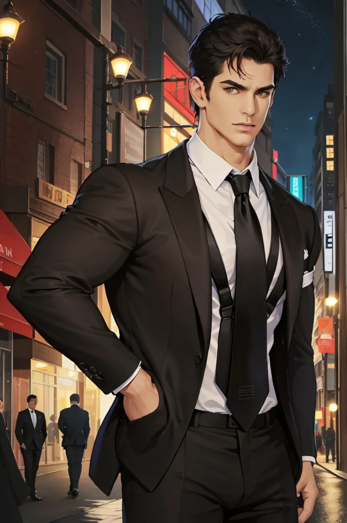 (absurdres, highres, ultra detailed, realistic, ), 1 male, solo, adult, mature, tall muscular guy, broad shoulders, handsome, very short hair, black hair, brown eyes, angular jaw, thick neck, thick eyebrows, night, dark, the night view of the city background, formal suit, necktie, upper body