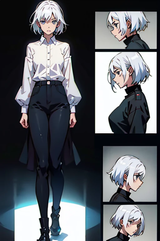 Girl with short white hair small and really skinny, concerned, manga page with panels and dialogue