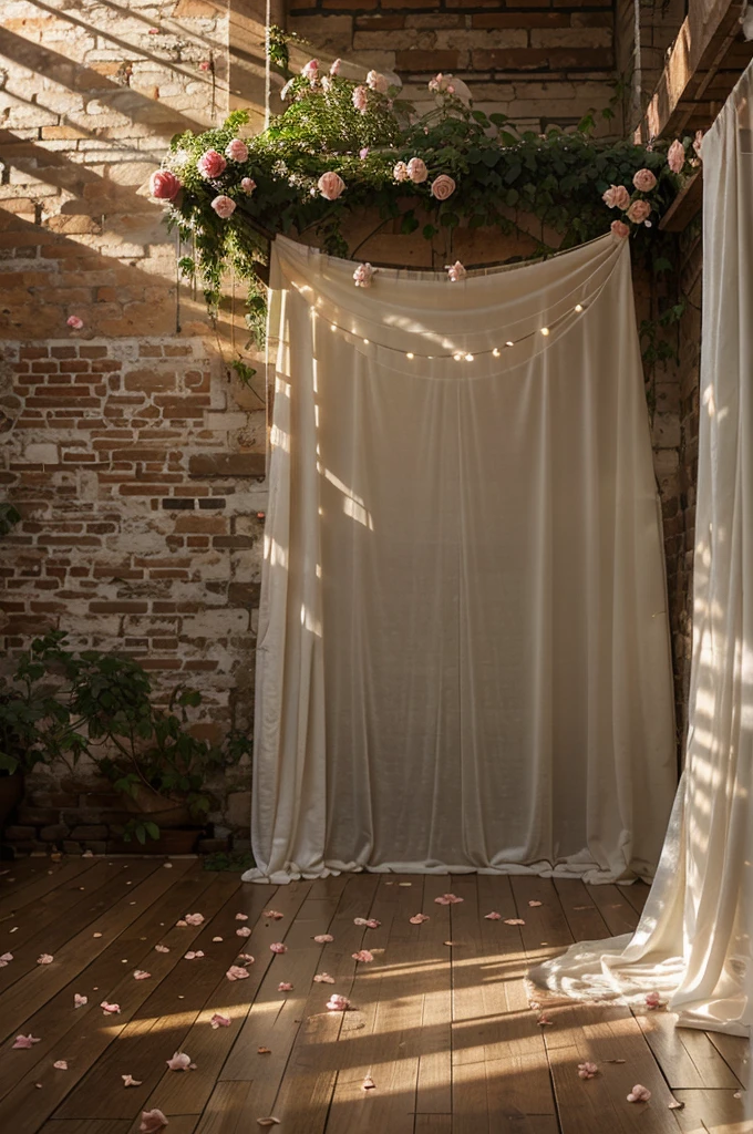 A detailed studio photography backdrop featuring a lush rose garden in full bloom. Climbing roses in a variety of colors cascade down a weathered brick wall, creating a vibrant and textured background. Sunlight streams through a gauze curtain on the opposite side of the studio, casting soft shadows and illuminating delicate dewdrops clinging to the rose petals. The floor can be natural stone or weathered wood, depending on the desired mood
