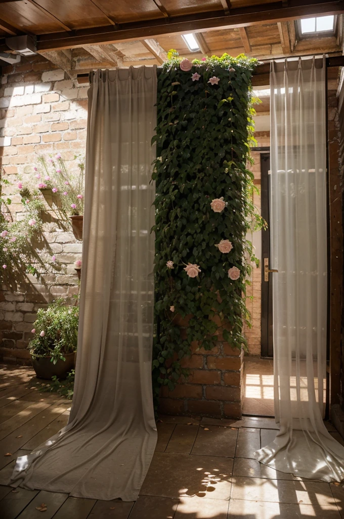 A detailed studio photography backdrop featuring a lush rose garden in full bloom. Climbing roses in a variety of colors cascade down a weathered brick wall, creating a vibrant and textured background. Sunlight streams through a gauze curtain on the opposite side of the studio, casting soft shadows and illuminating delicate dewdrops clinging to the rose petals. The floor can be natural stone or weathered wood, depending on the desired mood
